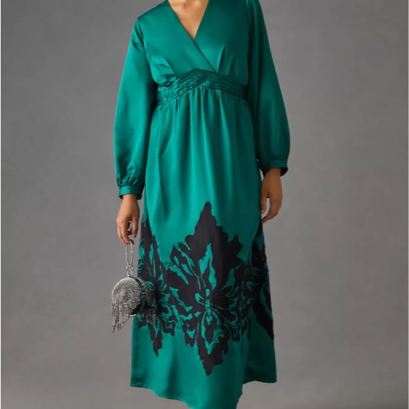 ANTHROPOLOGIE 1X NWT NIKASHA  EMBROIDERED SATIN DRESS GREEN MAXI - Picture 2 of 8